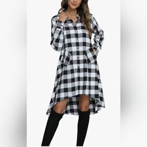 NEW Womens Black White Plaid V Neck Long Sleeve Irregular Hem Casual Shirt Dress